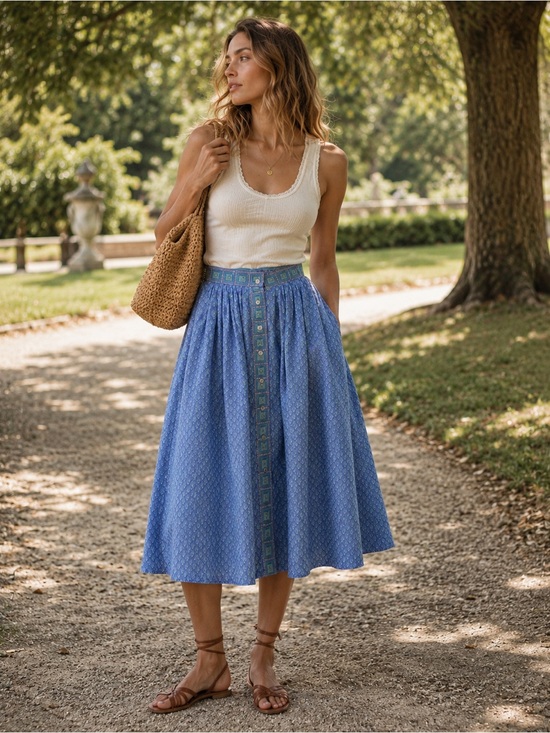david brooks Dresses & Skirts - Vintage David Brooks Prairie Mid Blue A-Line Skirt with Contrast Button Front 10